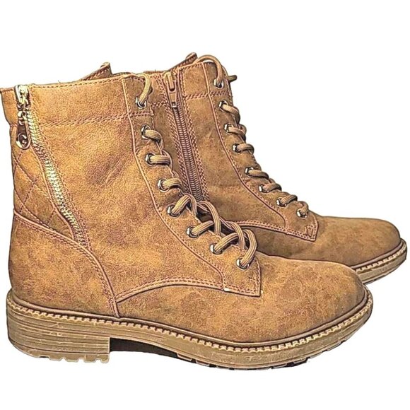 GBG Los Angeles Women's Lite Brown Ankle Combat Boots Size 7M Lace Up & Side Zip - Picture 1 of 7